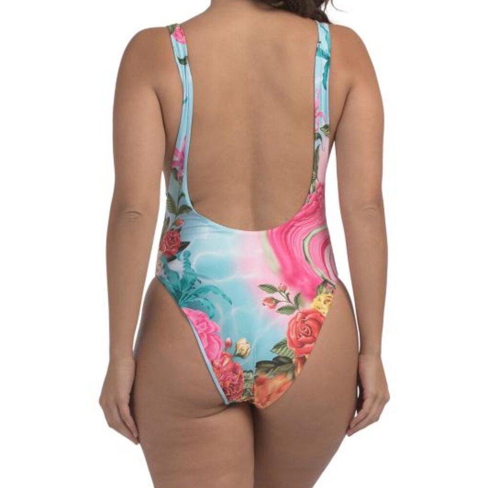 NWT AGUA BENDITA Tribeca Mirage Floral One Piece Swimsuit Rhinestone Scoop Neck! - Picture 2 of 2